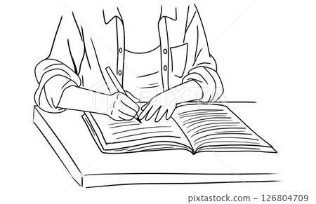 hand drawing sketch of a book, Line drawing of a woman writing in an open notebook on a table, perfect for coloring books, educational illustrations, design elements hand drawing sketch of a book, Line drawing of a woman writing in an open notebook on a table, perfect for coloring books, educational illustrations, design elements 126804709