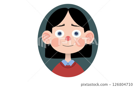 A cartoon girl with big eyes, red nose, rosy cheeks, black hair, red sweater, and a blue shirt collar, set in an oval green background, girl with a big smile A cartoon girl with big eyes, red nose, rosy cheeks, black hair, red sweater, and a blue shirt collar, set in an oval green background, girl with a big smile 126804710