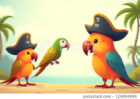 Talk Like a Pirate Day (Sept 19) cartoon pirates celebrating with parrots, pastel minimalistic illustration style, flat design elements, cheerful mood, soft shadows 126804890