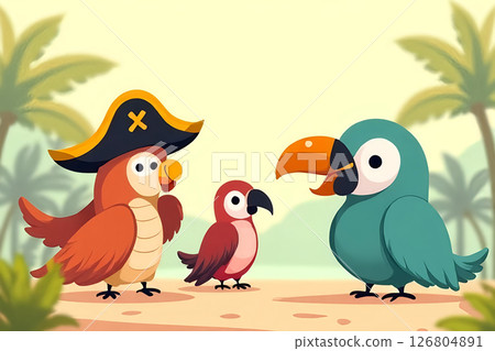 Talk Like a Pirate Day (Sept 19) cartoon pirates celebrating with parrots, pastel minimalistic illustration style, flat design elements, cheerful mood, soft shadows 126804891