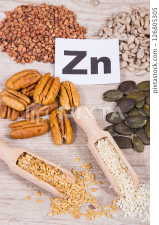 Healthy food and various ingredients containing natural zinc and other vitamins and minerals Healthy food and various ingredients containing natural zinc and other vitamins and minerals 126805305