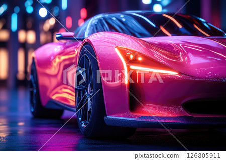 A futuristic pink sleek car with neon lights. 126805911
