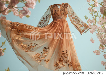 A long gown in sheer fabric is flying in a spring blossoming garden. 126805942