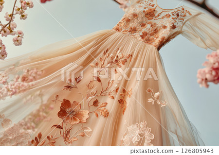 A long gown in sheer fabric is flying in a spring garden. 126805943