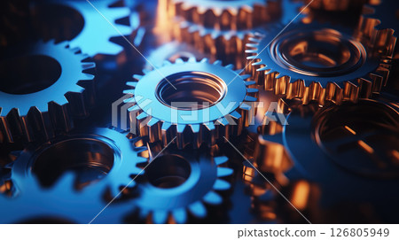 Pile of cogs and gears, close-up view. Mechanical industrial background with cogwheels. 126805949