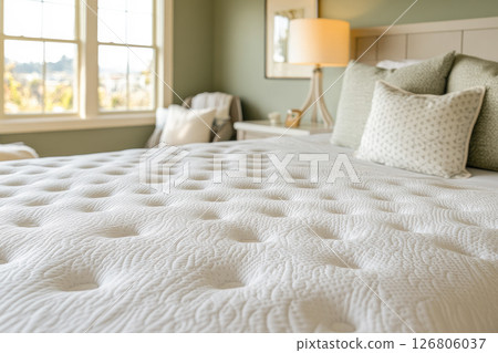 Soft orthopedic mattress on bed in room, close-up view. Soft orthopedic mattress on bed in room, close-up view. 126806037
