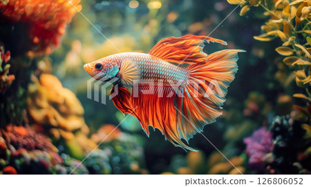 Exotic colorful fish swimming in aquarium with plants. 126806052