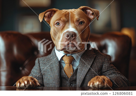 A Pitbull Terrier in an business suit, sitting on a chair in a front of office desk. 126806081