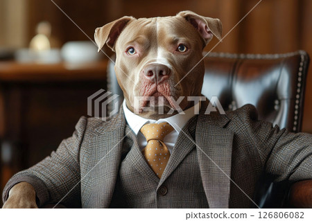 A Pitbull Terrier in an business suit, sitting on a leather office chair. 126806082