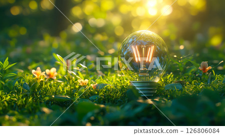 Light bulb on the grass and sun light. Idea of ecology, sustainability, solar and green renewable energy. 126806084