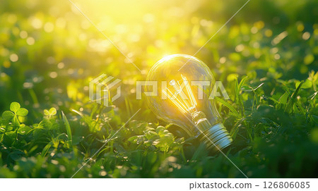 Light bulb with lighting on the grass and sun light. 126806085