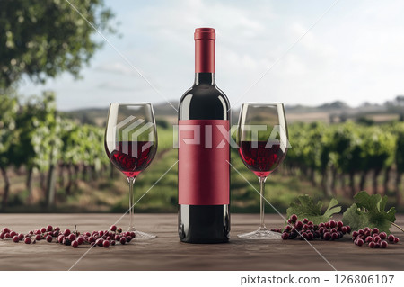 Red wine bottle and wine glasses on vineyard 126806107