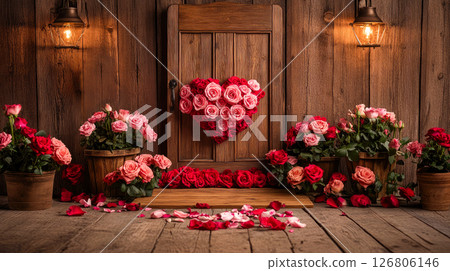 A wooden doors with a heart and flowers decorations. 126806146