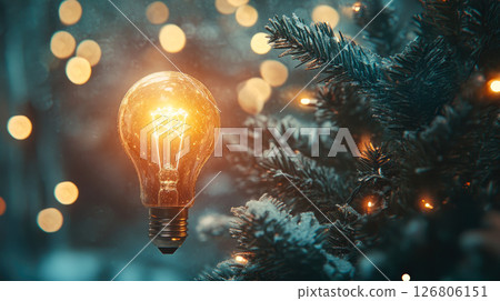 A glowing light bulb on a Christmas tree with Christmas lights bokeh. Electricity energy efficient and Holidays. 126806151
