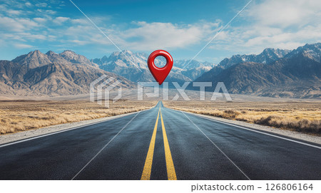 A red location pin icon suspended above asphalt road with mountains landscape. 126806164