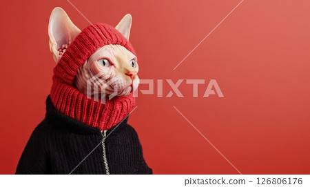 Portrait of a serious Sphinx cat wearing a black sweater. Portrait of a serious Sphinx cat wearing a black sweater. 126806176