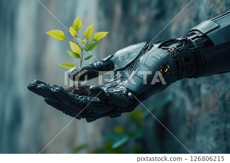 A cybernetic hand gently holding a small plant. Ecology technology concept. 126806215