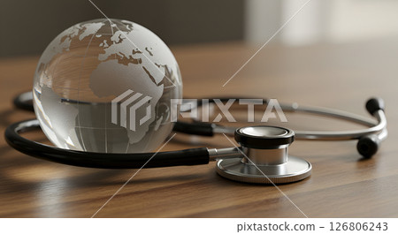a model of the globe and a stethoscope on a wooden table a model of the globe and a stethoscope on a wooden table 126806243