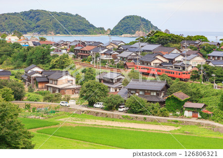 The Sanin Main Line runs through Higashihama with the Sea of Japan in the background The Sanin Main Line runs through Higashihama with the Sea of Japan in the background 126806321
