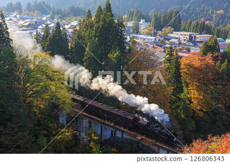 The SL Tadami Line crossing the Shinmiyashita Bridge in autumn 126806343
