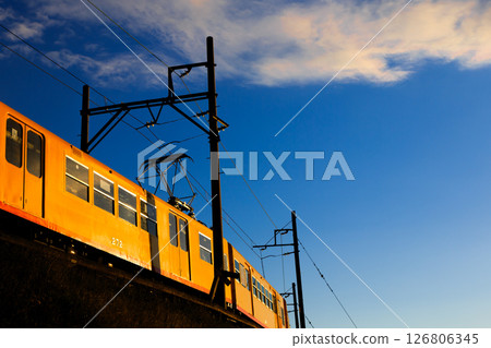The yellow body of the Sangi Railway shines in the morning sun. 126806345
