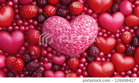 Red heart shaped candies, top view. 126806427