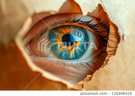 Eye peeking through a hole in the cardboard, closeup view. 126806428