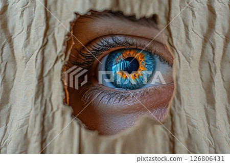 Hidden eye spying through torn hole in cardboard paper. 126806431