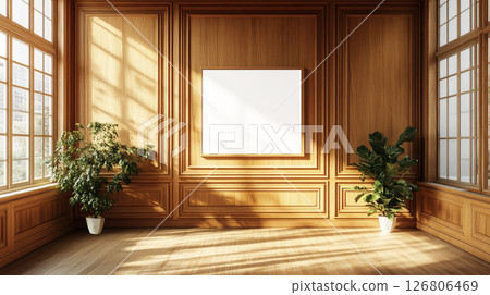 Blank picture frame in a wooden office with big windows. 126806469