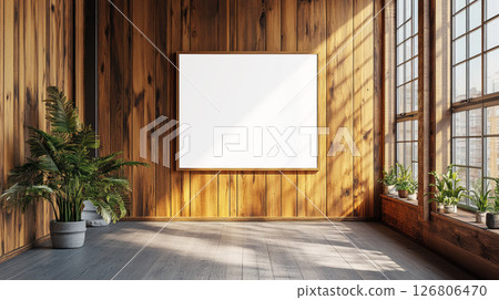 Blank picture frame in a wooden office with windows and sun passing through. 126806470