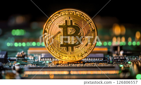 Bitcoin on computer hardware. Concept for crypto currency, mining, technology, investment, finance. 126806557