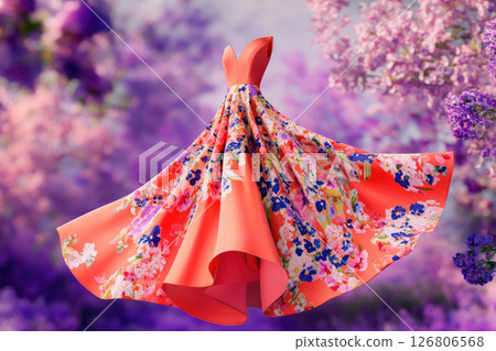 A red sleeveless dress adorned in floral patterns is flying in a blossoming spring garden. 126806568