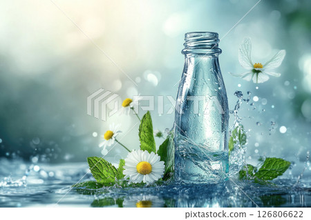 The glass bottle stands in a splash of water with a mint leaves and chamomile flowers. The glass bottle stands in a splash of water with a mint leaves and chamomile flowers. 126806622