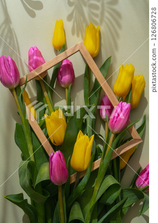 Multicolored fresh tulips in wooden picture frame in green background with trendy deep shadows. Spring flowers in yellow and violet colors. Postcard wallpaper design Multicolored fresh tulips in wooden picture frame in green background with trendy deep shadows. Spring flowers in yellow and violet colors. Postcard wallpaper design 126806728