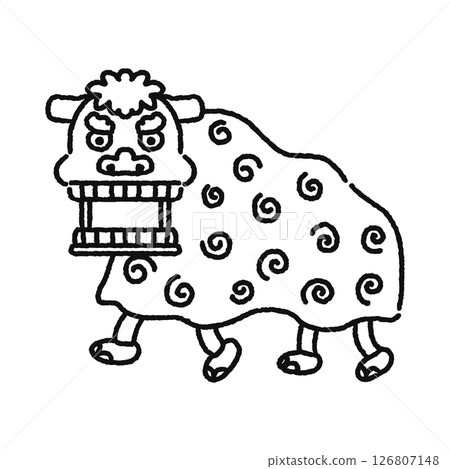 Lion dance with open mouth, line drawing 126807148