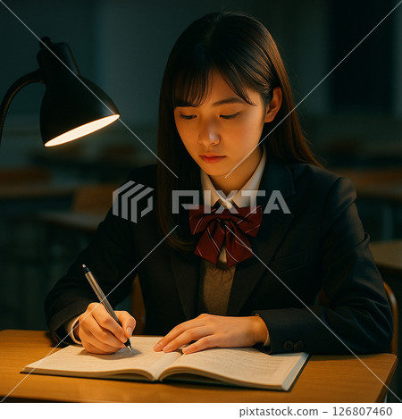 A student studying in silence at night in a study room 126807460