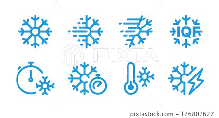 Rapid freeze Icons with frozen snowflake symbol for IQF Individual Quick Freezing technology, Vector Illustration 126807627