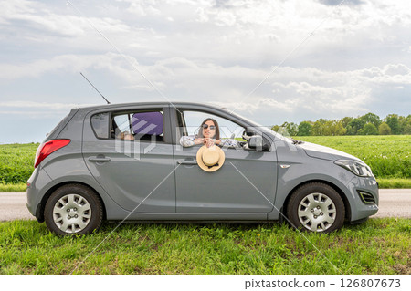 Driving car trip. Family road vehicle. Summer countryside stop adventure. Driving car trip. Family road vehicle. Summer countryside stop adventure. 126807673