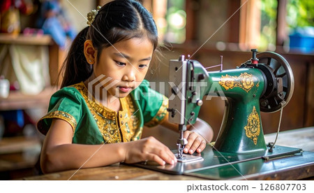 使用縫紉機的女孩 使用縫紉機的女孩 126807703