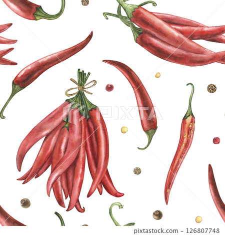 Seamless pattern with hot red chili peppers, seeds. Watercolor illustration with pepper pods is hand drawn in botanical style. For textile design, fabrics, cafe, menu, kitchen, culinary blogs, cards 126807748