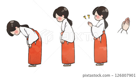 Illustration material: Hand-drawn style shrine visit etiquette (shrine maiden) (two bows, two claps, one bow) 126807901