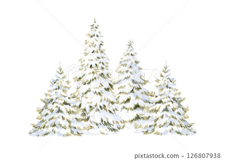 Watercolor Christmas trees in snow hand drawn illustration isolated on white background for Happy New Year cards and cute greeting banners. Simple winter horizontal landscape clip art 126807938
