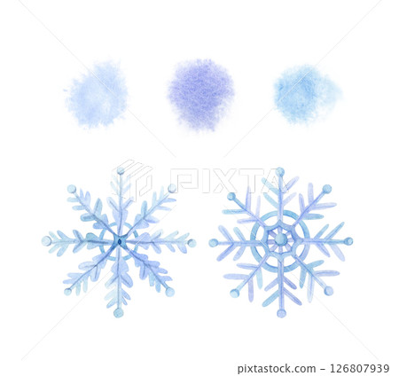 Light blue snowflakes and watercolor winter splashes illustration set isolated on white. Simple hand drawn background elements for Christmas holidays fabric designs 126807939