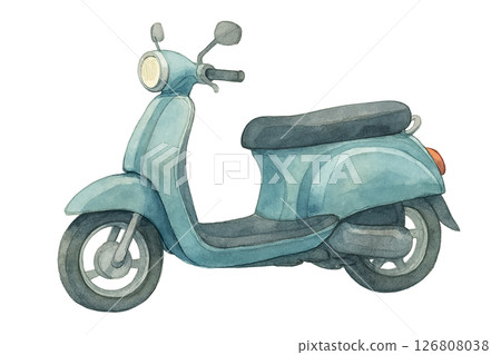 Watercolor illustration of a retro scooter (blue) 126808038