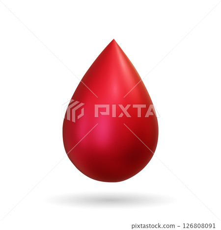 3d Realistic drops of red blood isolated on white background. Vector file illustration. Blood donation, platelets, stem cells. Design template of digital thermometer showing temperature. Advertising 126808091