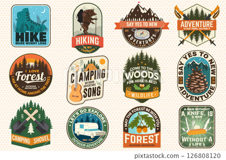 Extreme adventure artwork for poster, patch, sticker with camping quote. Vector. Concept for shirt or logo, print, stamp or tee. Summer camp Extreme adventure artwork for poster, patch, sticker with camping quote. Vector. Concept for shirt or logo, print, stamp or tee. Summer camp 126808120