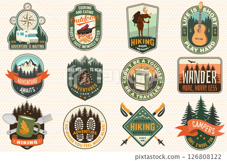 Extreme adventure artwork for poster, patch, sticker with camping quote. Vector. Concept for shirt or logo, print, stamp or tee. Summer camp Extreme adventure artwork for poster, patch, sticker with camping quote. Vector. Concept for shirt or logo, print, stamp or tee. Summer camp 126808122