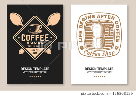 Set of Restaurant and Coffee shop flyer, poster, banner design. Vector. Concept for cafe and restaurant logo, brand, label with cup and coffee maker. International coffee day 126808139