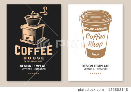 Set of Restaurant and Coffee shop flyer, poster, banner design. Vector. Concept for cafe and restaurant logo, brand, label with reusable coffee cup and retro coffee mill grinder. International coffee 126808148