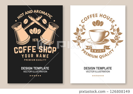 Set of Restaurant and Coffee shop flyer, poster, banner design. Vector. Concept for cafe and restaurant logo, brand, label with coffee beans and bowl with a handle for making coffee on the stove 126808149